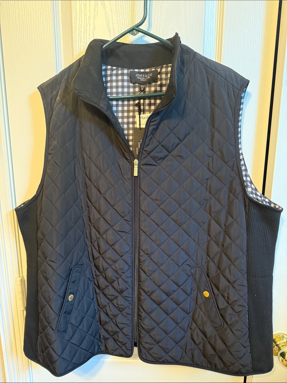 Jones New York Navy Quilted Sleeveless Vest with Gingham Lining